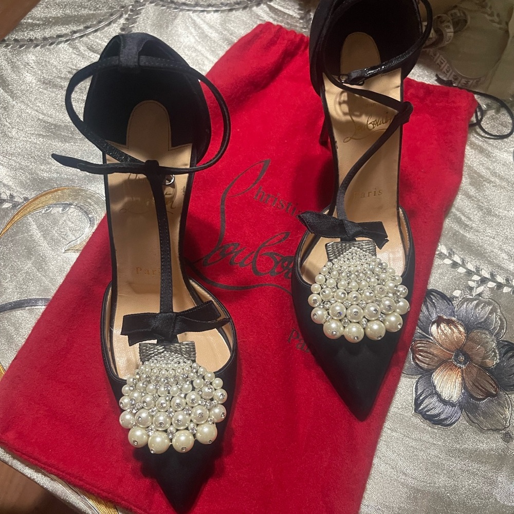 Christian Louboutin Black Heels with Pearl Embellishments